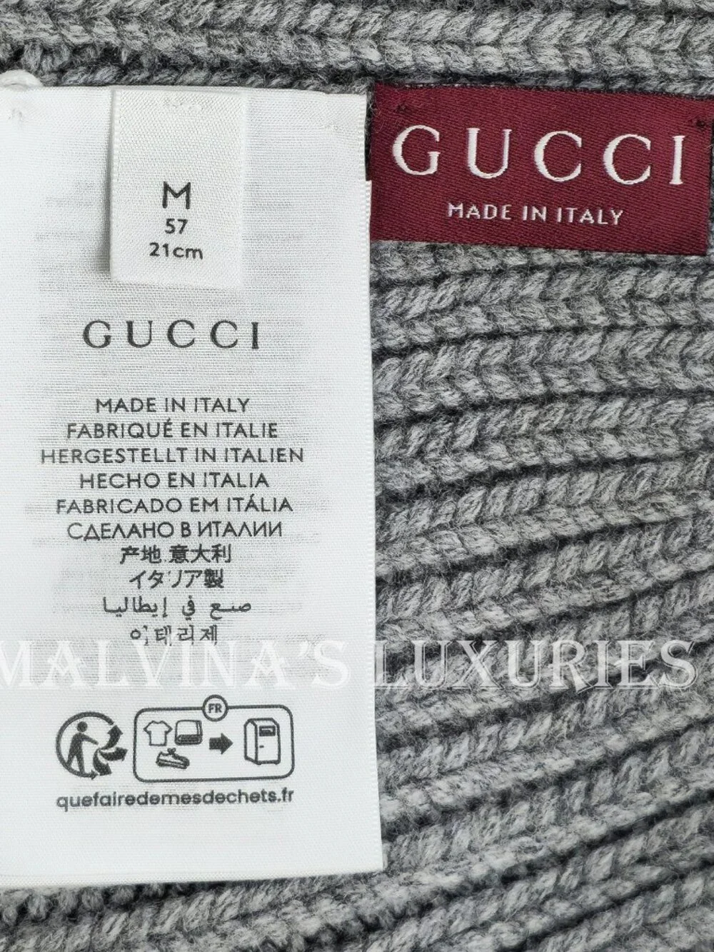 GUCCI HAT GRAY WOOL CASHMERE RIB KNIT LOGO PATCH BEANIE M / MEDIUM / 57CM